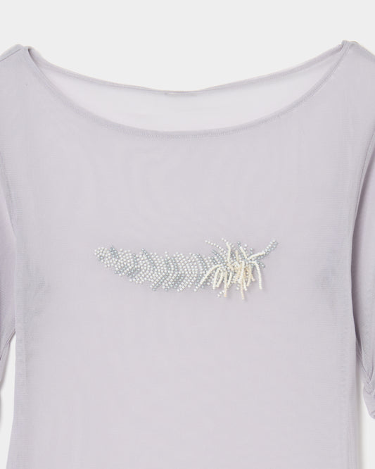 feather beads embroidery gather sleeve tops Gray【Delivery in February 2026】