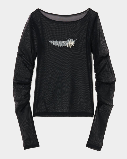 feather beads embroidery gather sleeve tops Black【Delivery in February 2026】