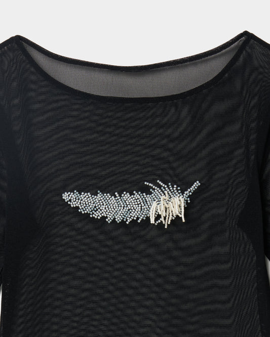 feather beads embroidery gather sleeve tops Black【Delivery in February 2026】
