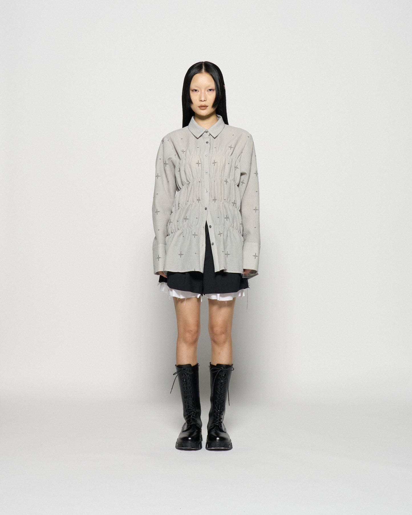 cross embroidery shirring shirt Ash gray【Delivery in February 2026】