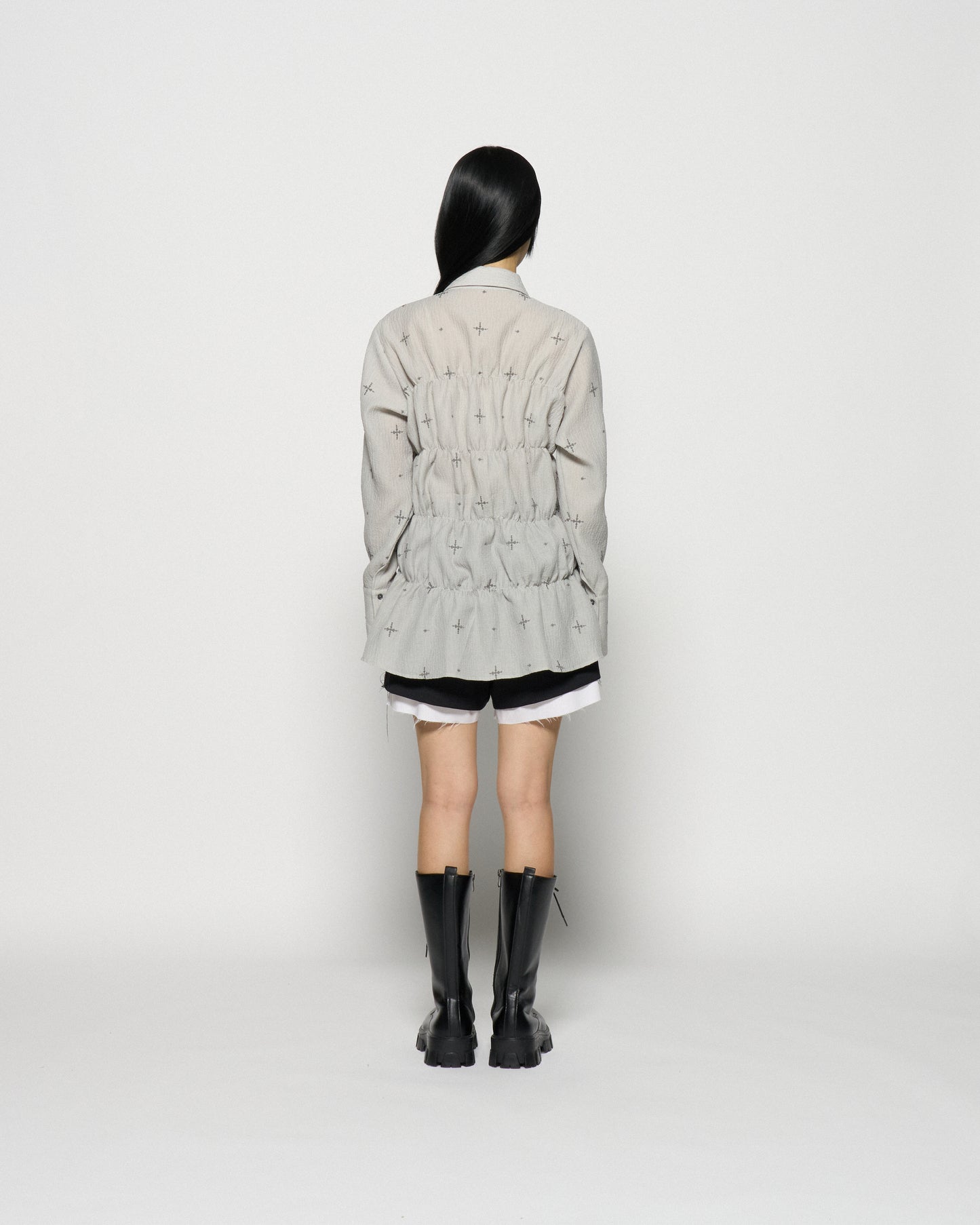 cross embroidery shirring shirt Ash gray【Delivery in February 2026】