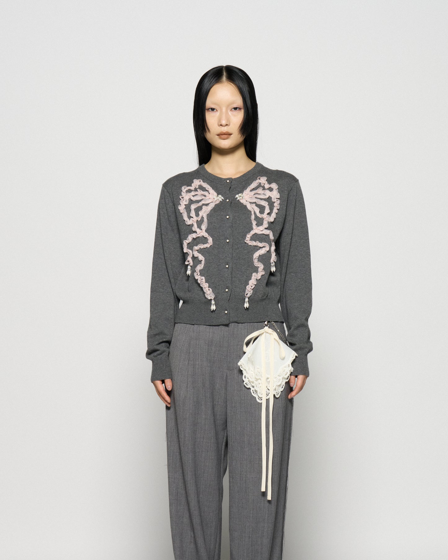 Ribbon tulle pearl embroidery cardigan Heather gray【Delivery in February 2026】