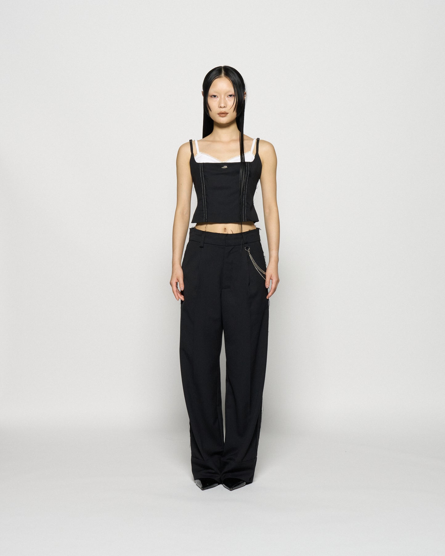 seam frayed dropped chain pants Black【Delivery in February 2026】