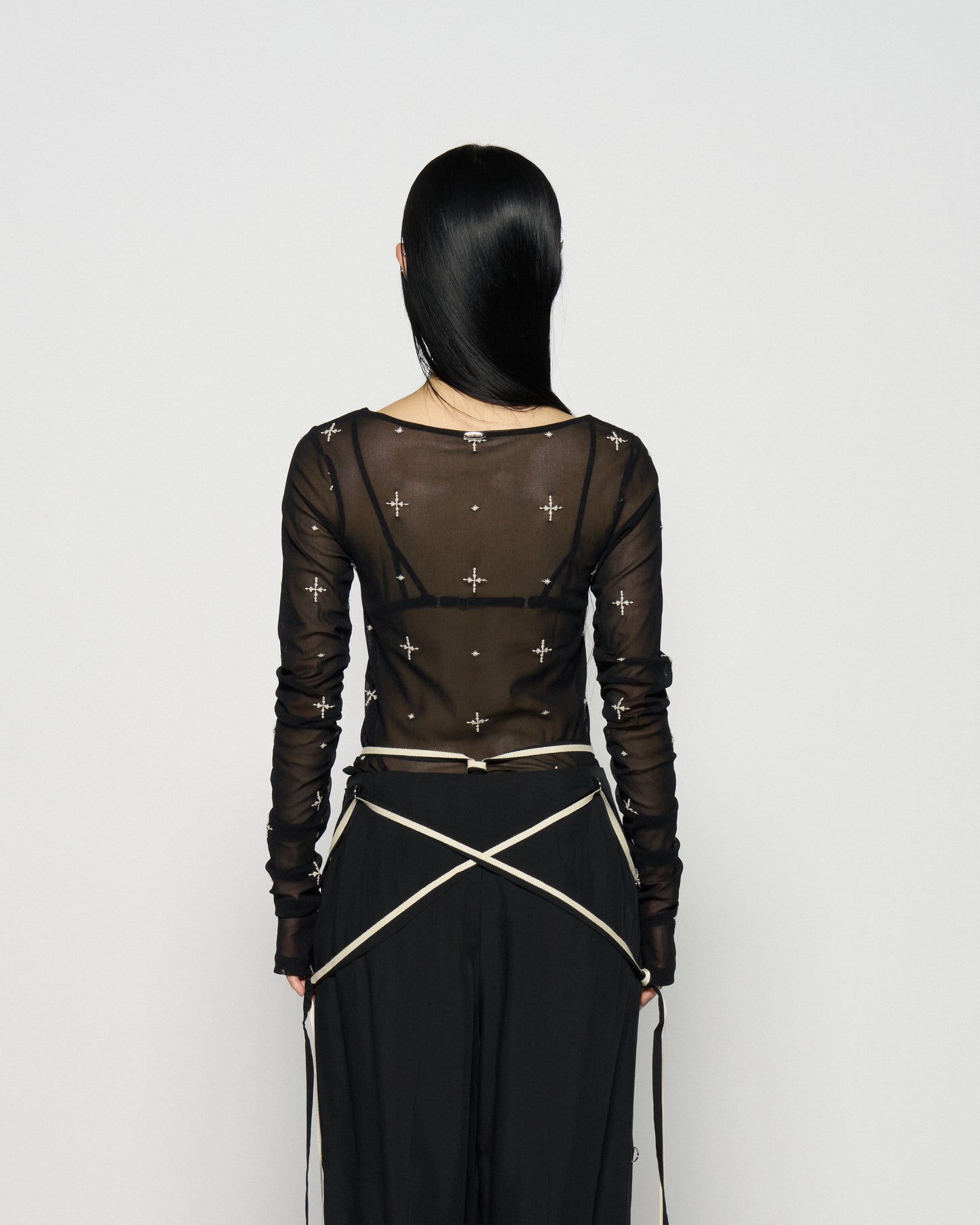 cross embroidery gather sleeve tops Black【Delivery in February 2026】