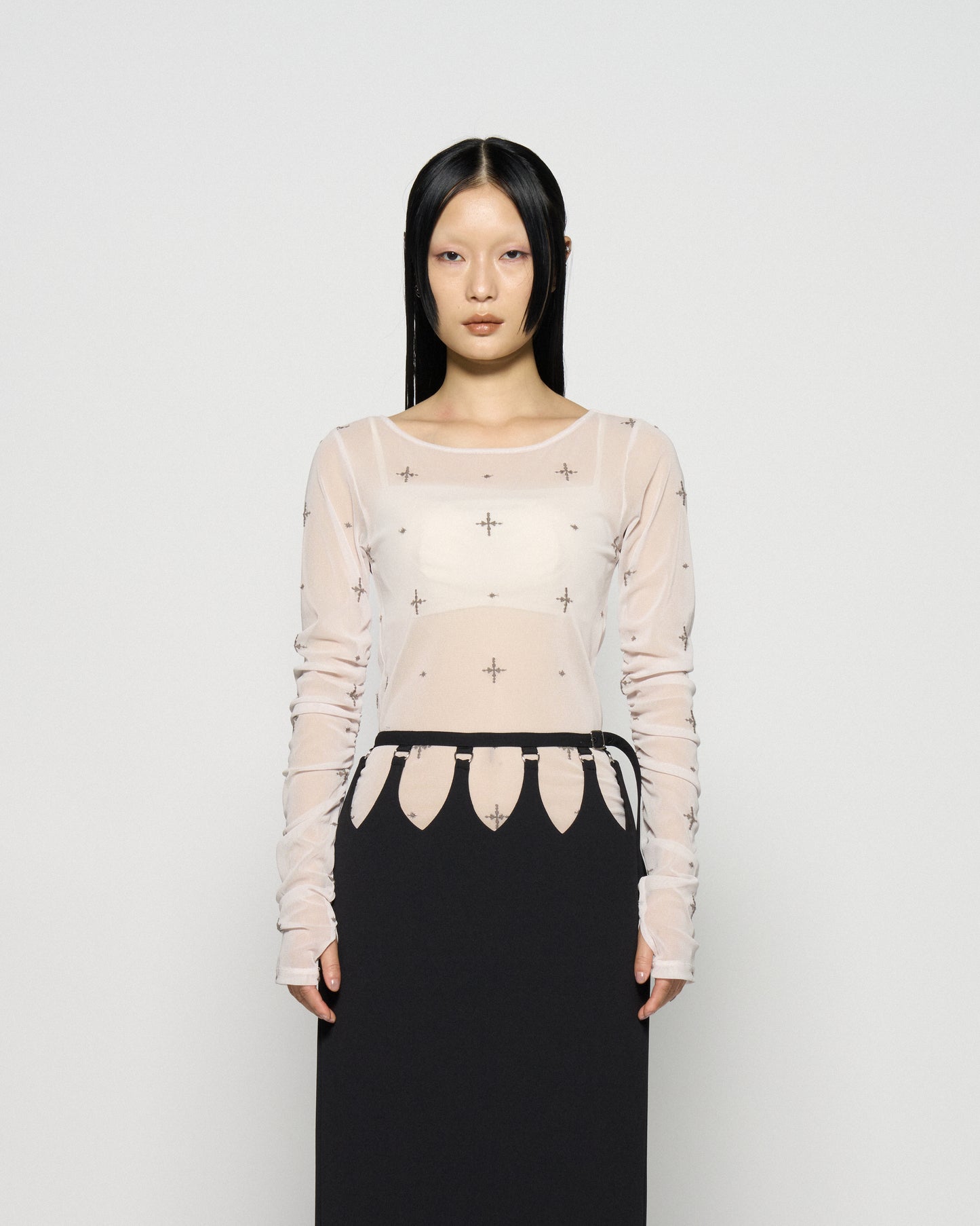 cross embroidery gather sleeve tops Greige【Delivery in February 2026】