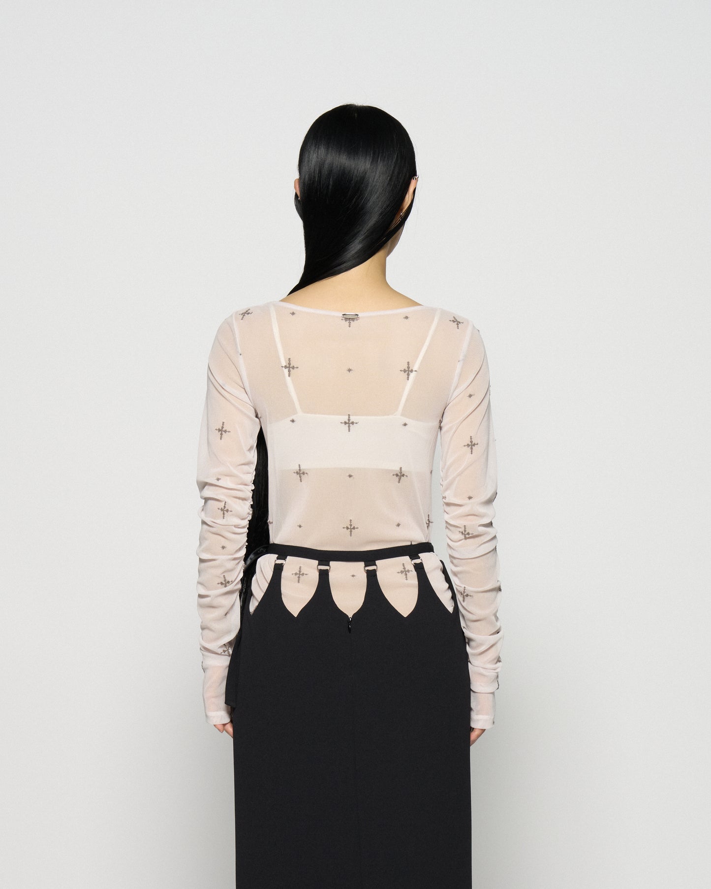 cross embroidery gather sleeve tops Greige【Delivery in February 2026】