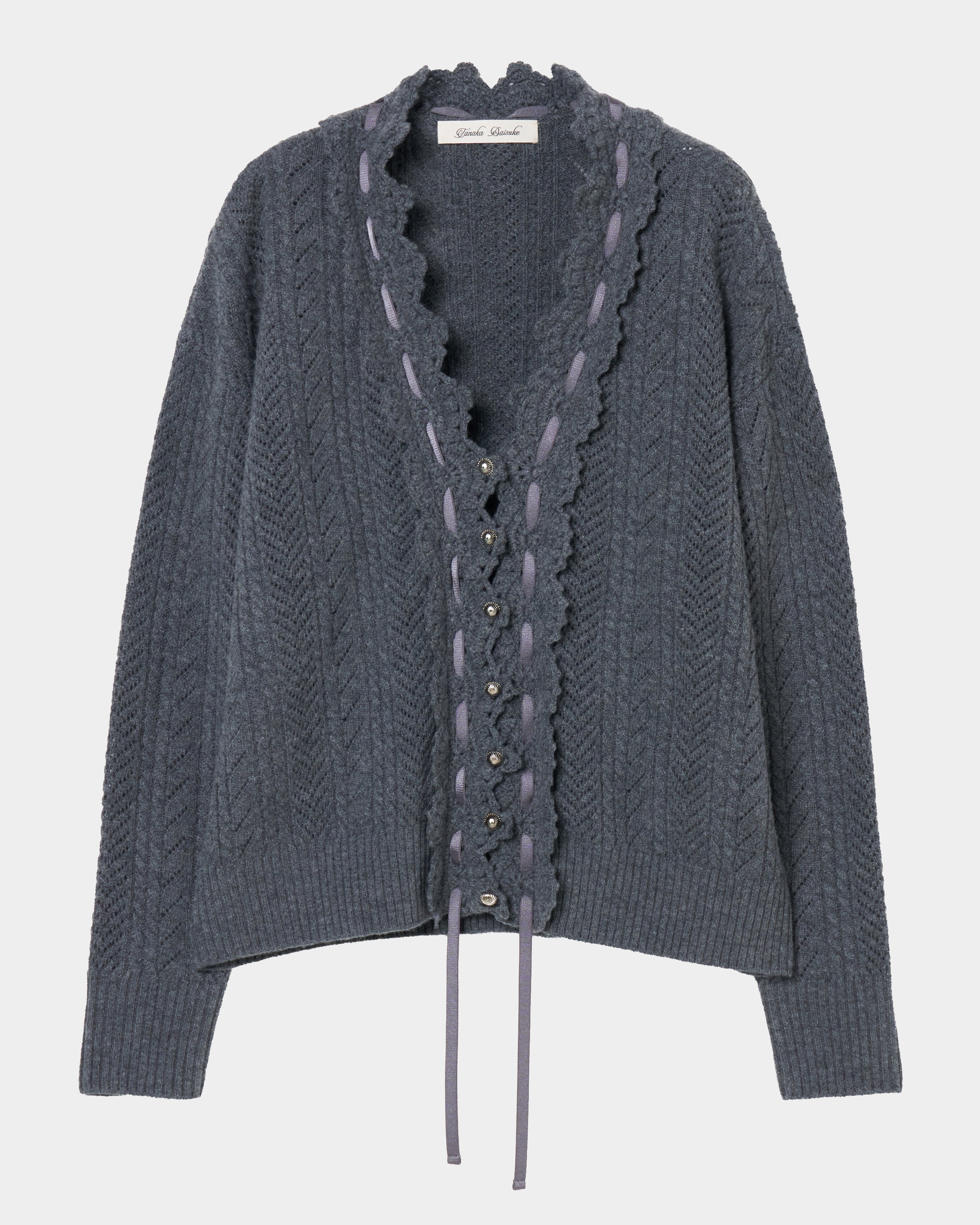 lace crochet knit ribbon cardigan Gray – tanakadaisuke