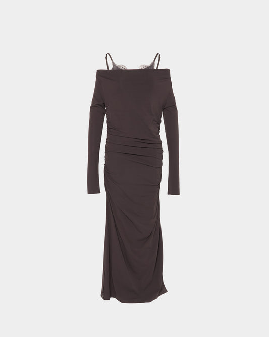 lace layered drape jersey dress Brown【Delivery in July 2026】