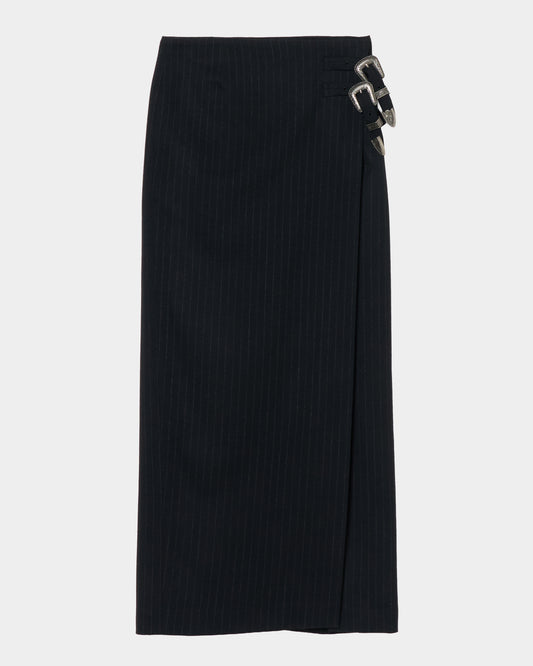 metal buckle stripe wool wrap skirt Black【Delivery in July 2026】