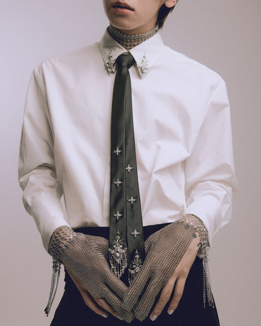 crystal silver tip satin tie 【Delivery in July 2024】