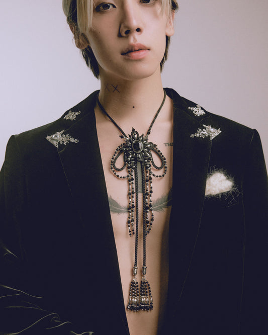 Flower pendant beaded loop tie Black【Delivery in April 2025】