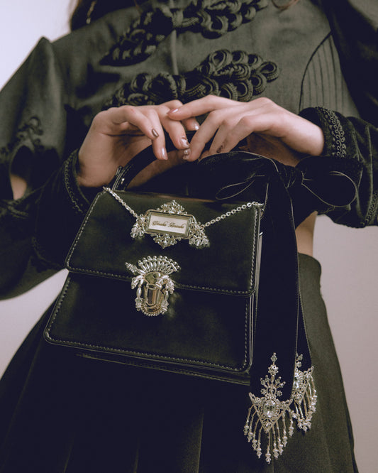 crystal silver tip velvet long ribbon Black【stock】