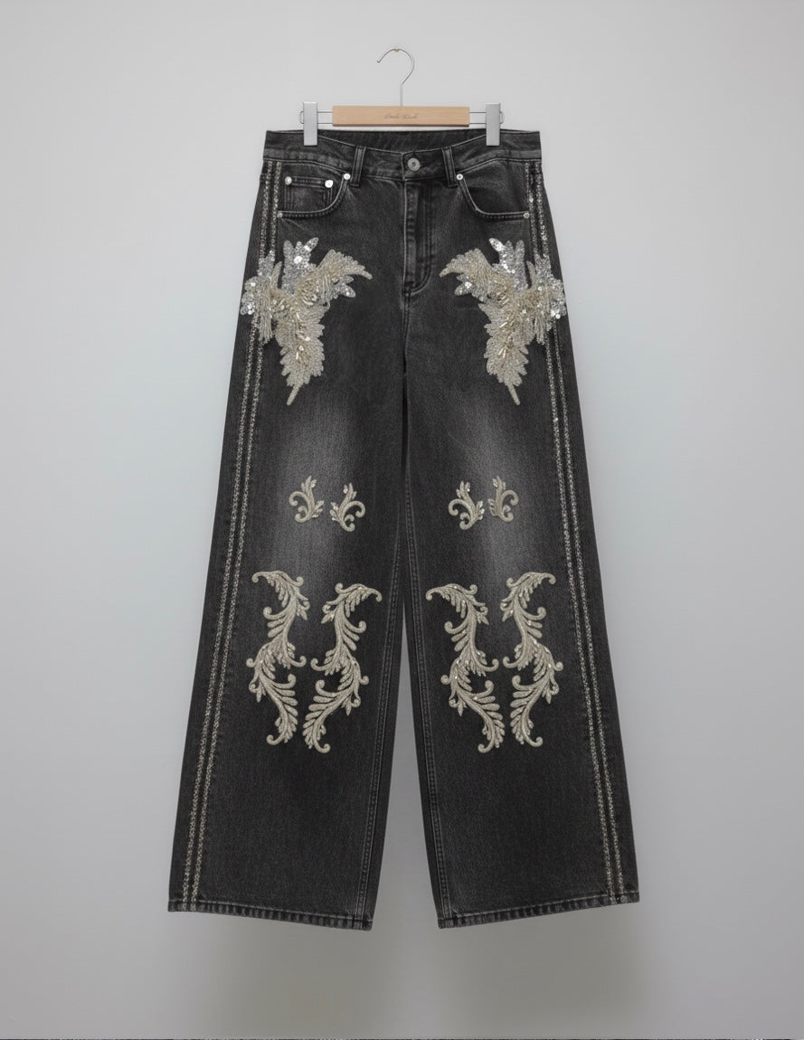 tanaka daisuke タナカダイスケ　サテンパンツ tanakadaisuke(タナカダイスケ)|パンツ|Botanical bijou denim pants Black