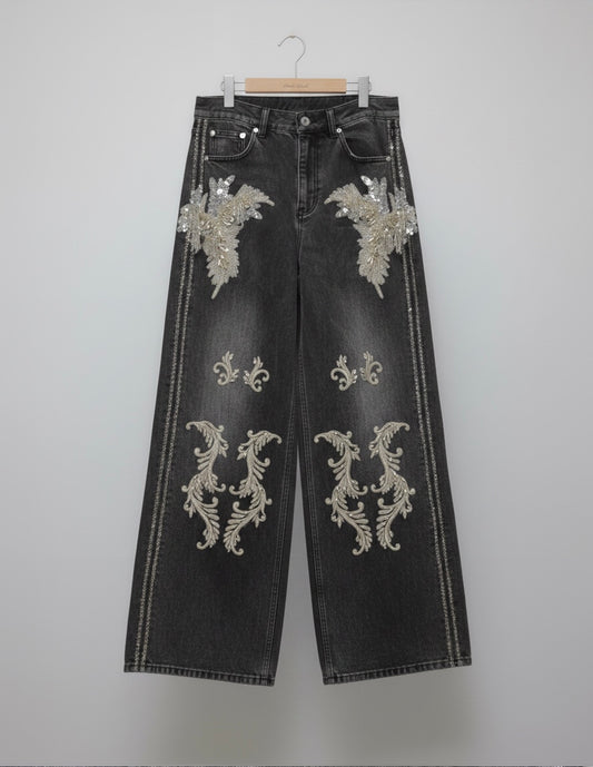 Botanical bijou denim pants Black【Delivery in March 2027】