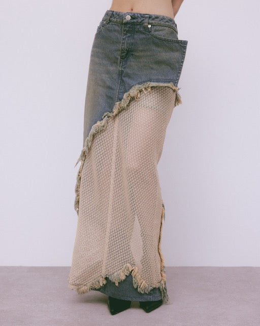 lace docking maxi denim skirt Beige【Delivery in July 2024】