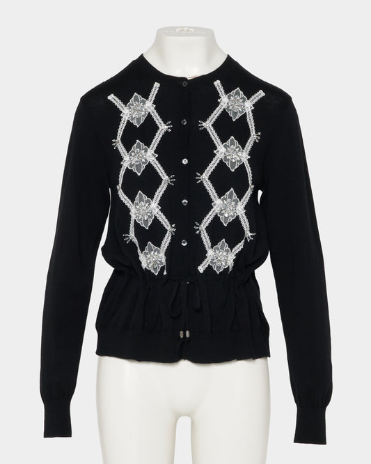 Lace argyle bijou knit cardigan Black【Delivery in February 2027】