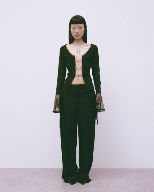 sheer sleeve random rib cardigan Black【Stock】