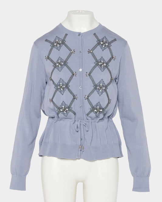 Lace argyle bijou knit cardigan Sax【Delivery in February 2027】