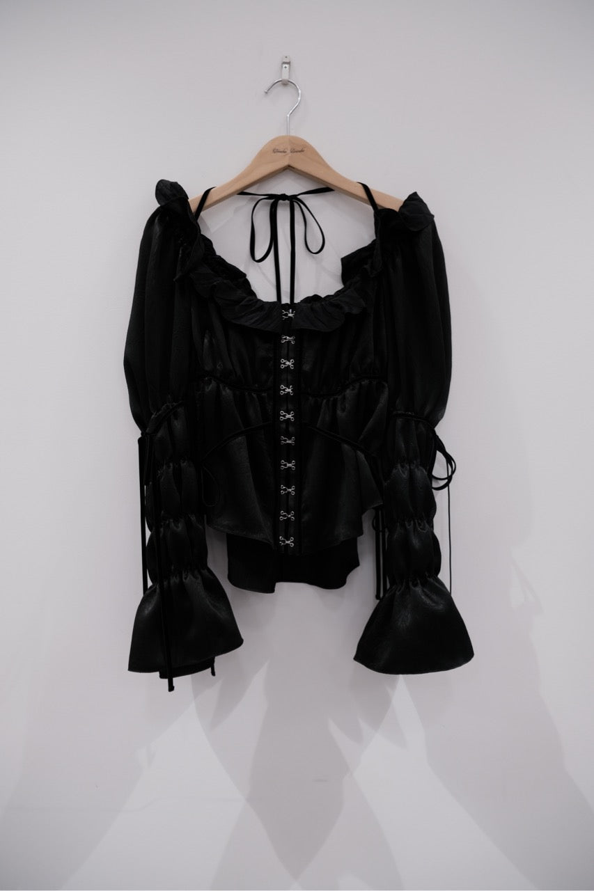 front hook ribbon satin blouse Black【Delivery in July 2025】