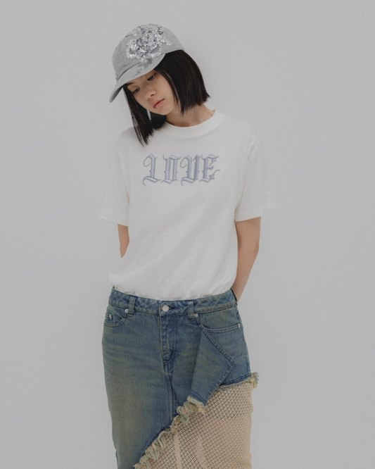 LOVE glitter T-shirt White × Silver【stock】