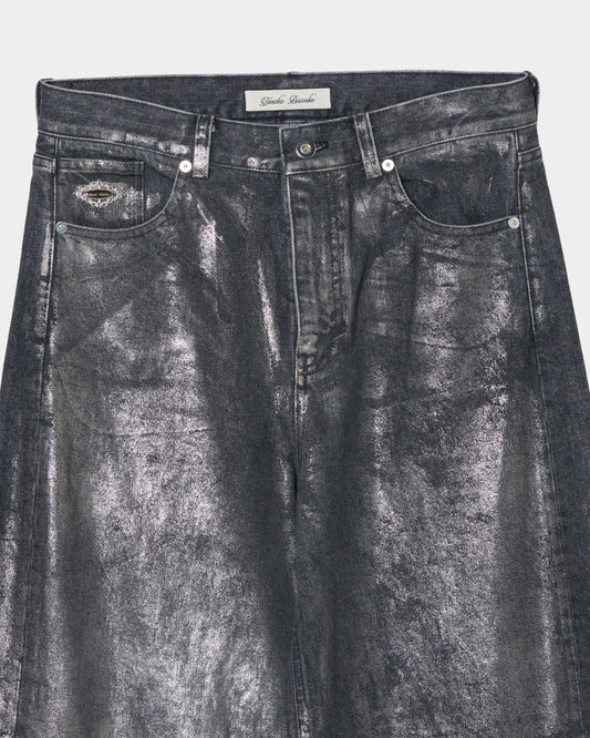 Silver foil print letter pocket denim pants Black【Delivery in February 2027】