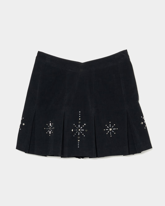 metal studs corduroy pleats skirt Black【stock】