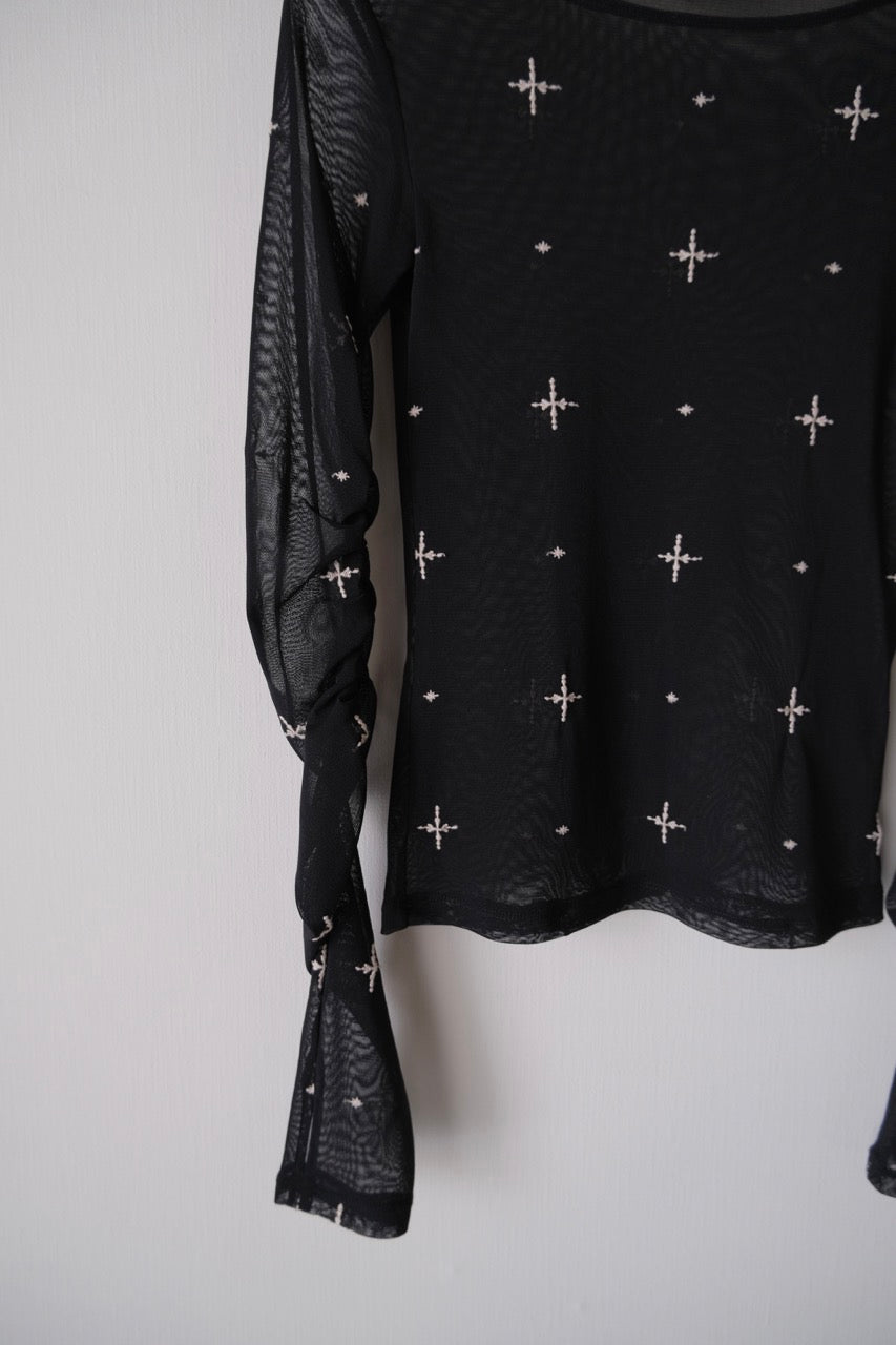 cross embroidery gather sleeve tops Black【Delivery in February 2026】
