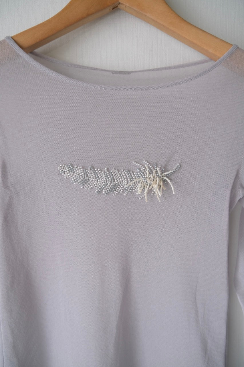 feather beads embroidery gather sleeve tops Gray【Delivery in February 2026】