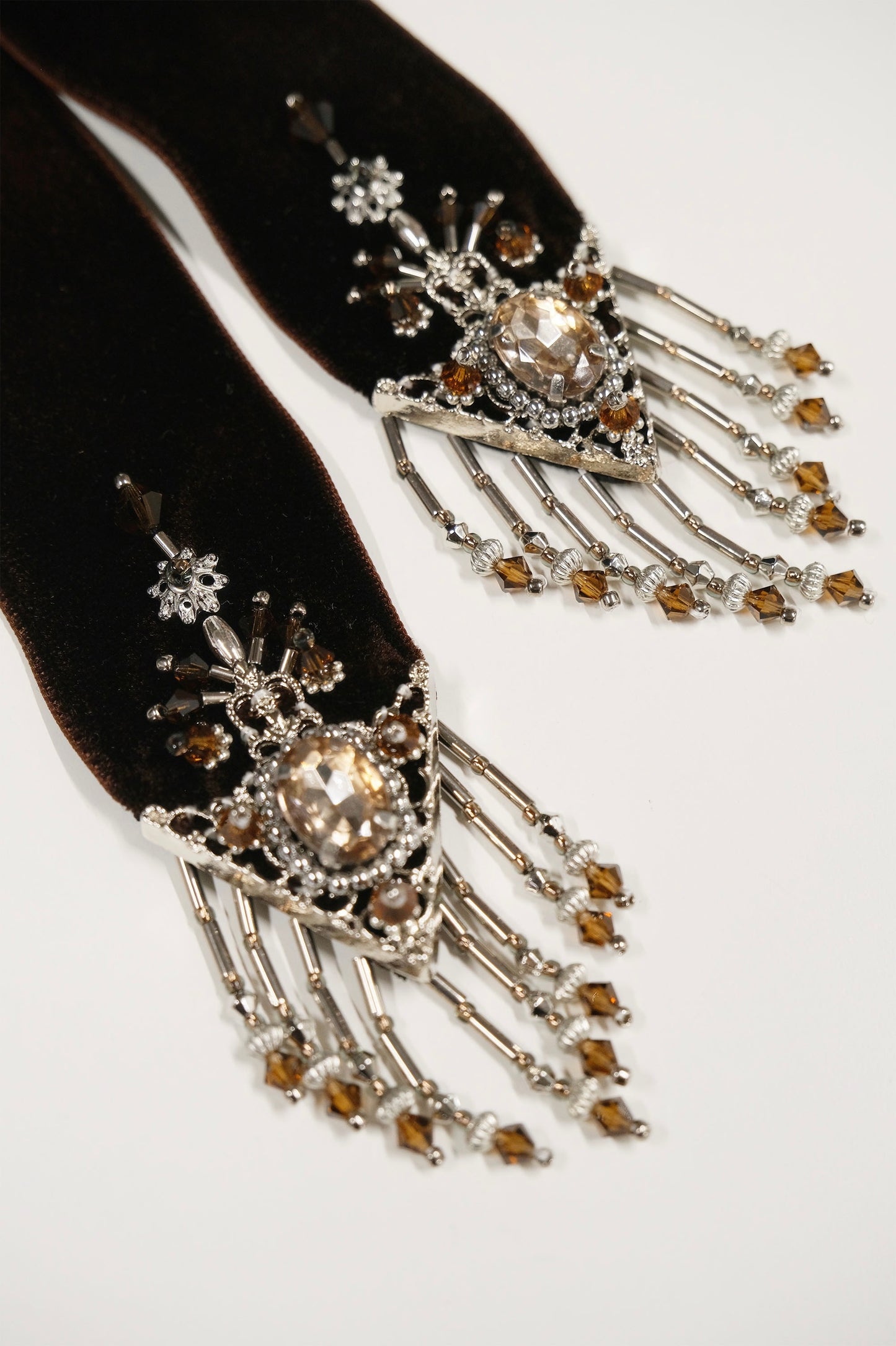 crystal silver tip velvet long ribbon Brown【Delivery in July 2025】