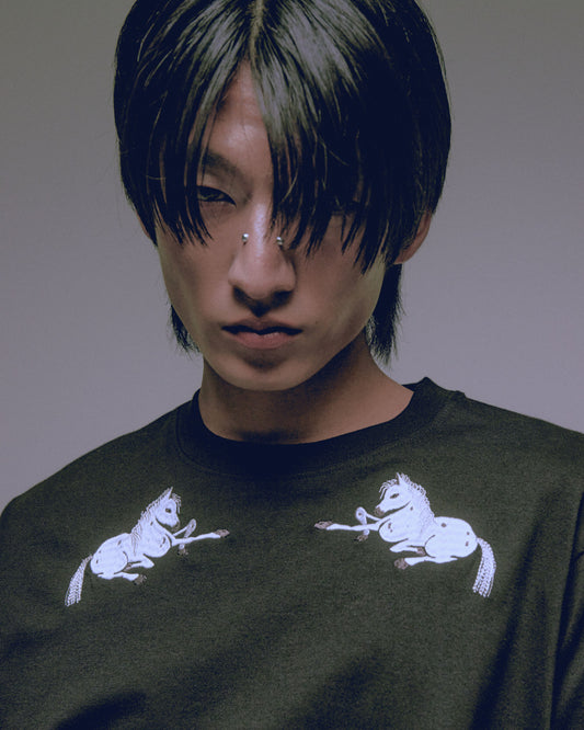 Two horse T-shirt Black【stock】