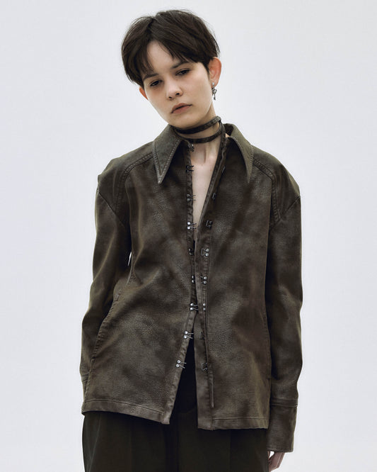 fade leather hook shirt jacket Charcoal brown【stock】