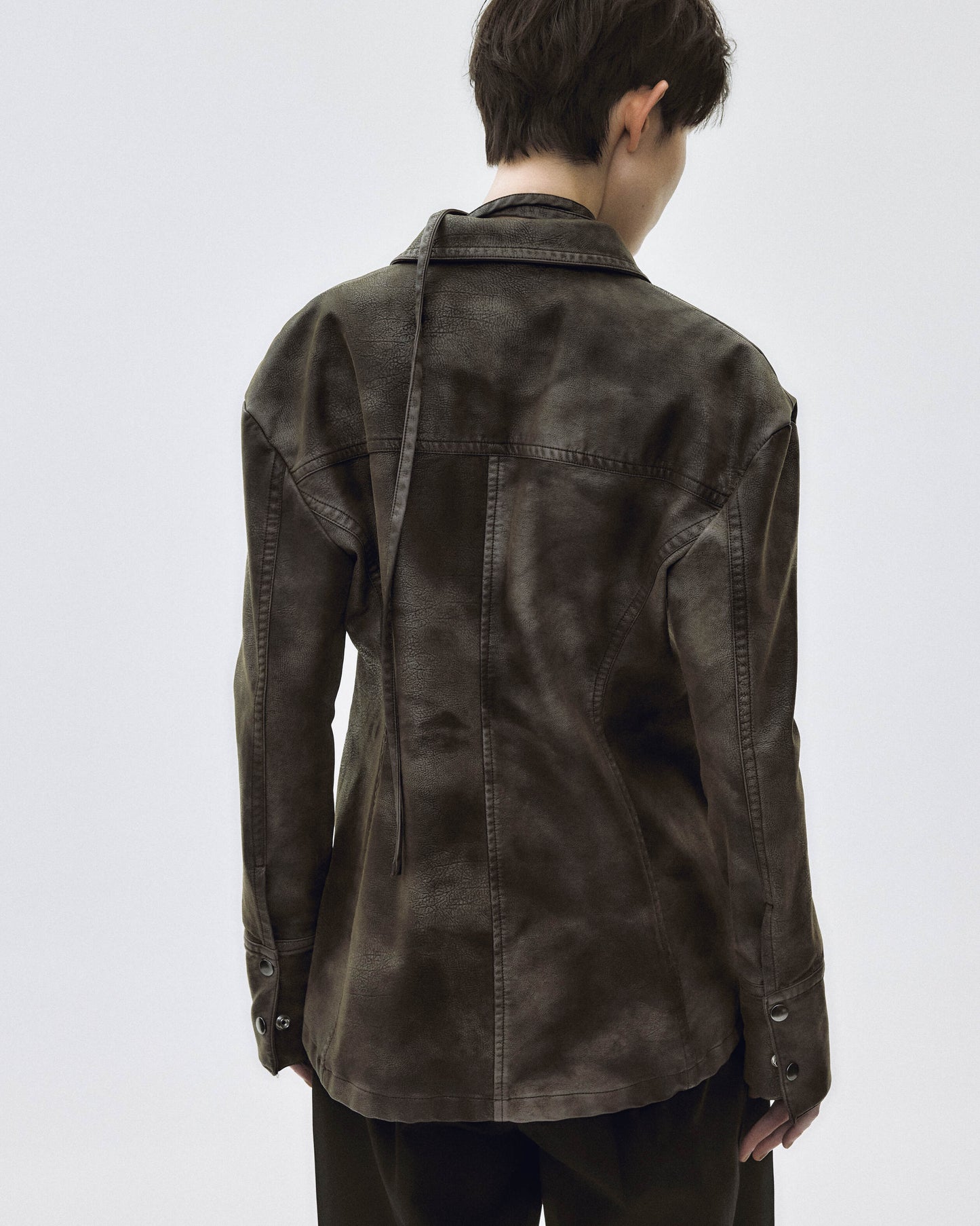 fade leather hook shirt jacket Charcoal brown【stock】