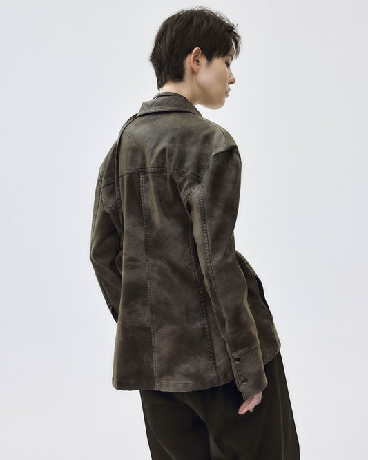 fade leather hook shirt jacket Charcoal brown【stock】