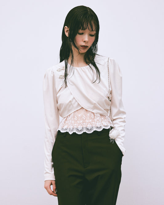 gather neck velour tops White【stock】