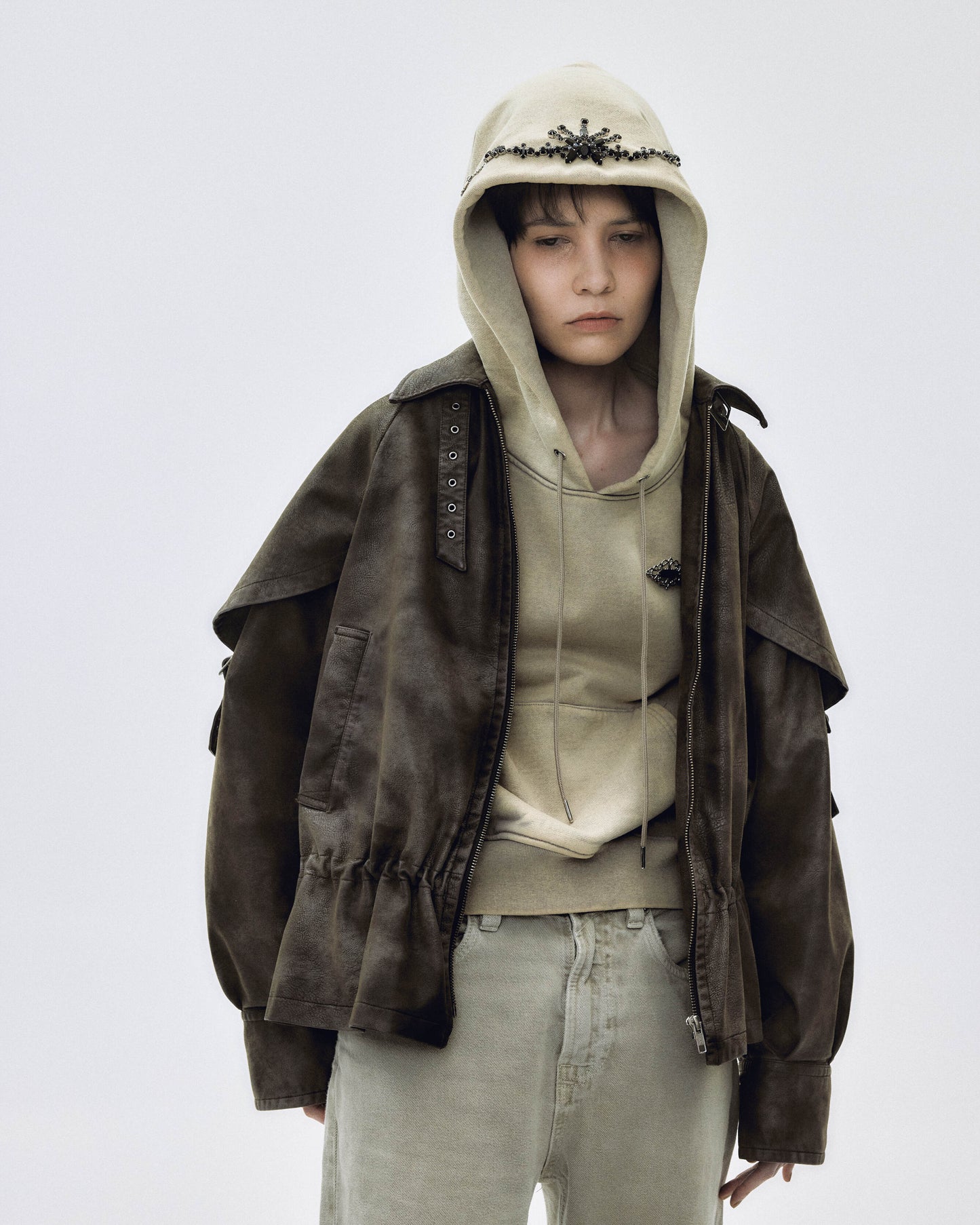 drawstring fade leather blouson Charcoal brown【Delivery in September 2025】