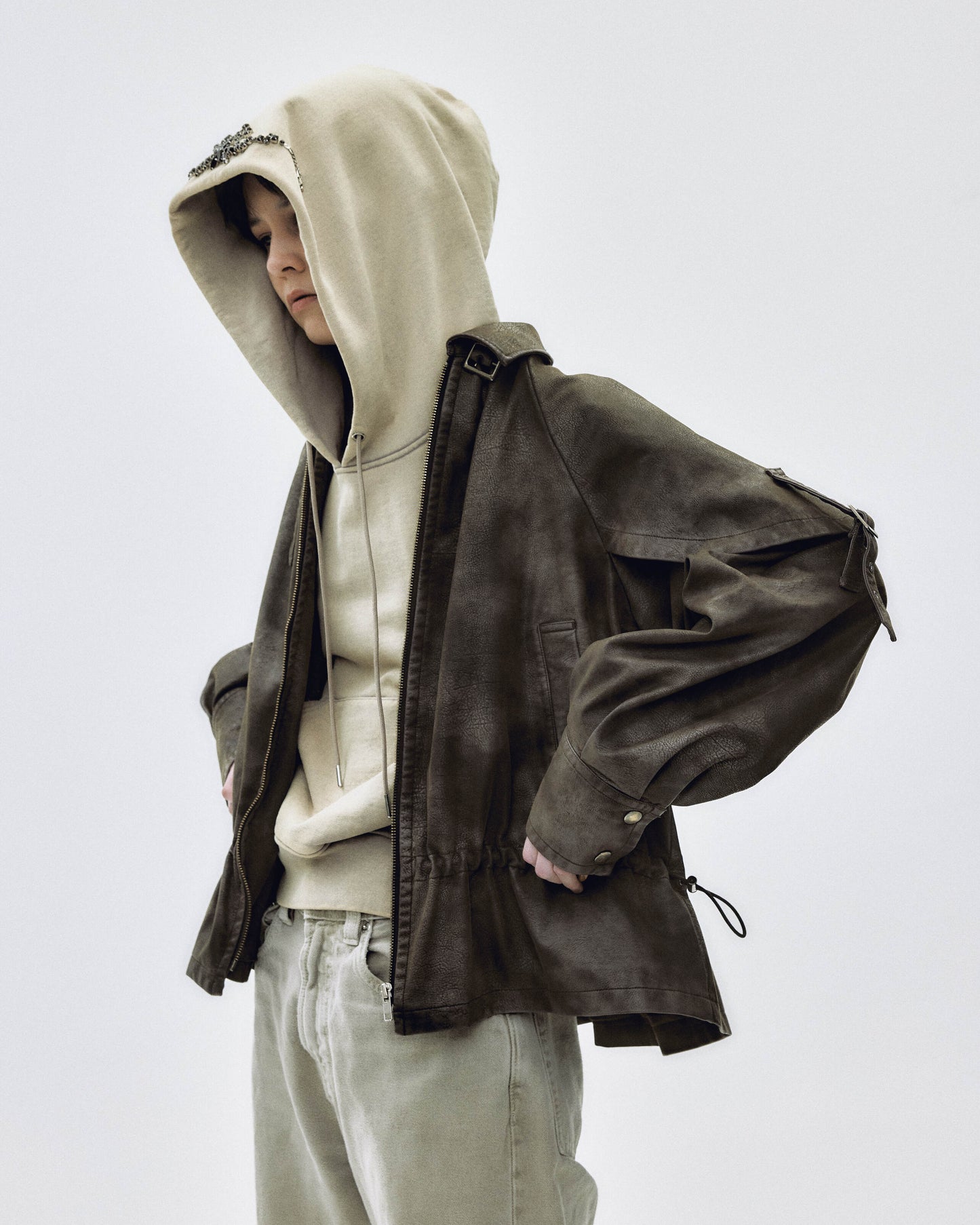 drawstring fade leather blouson Charcoal brown【Delivery in September 2025】