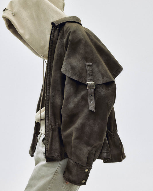 drawstring fade leather blouson Charcoal brown【Delivery in September 2025】