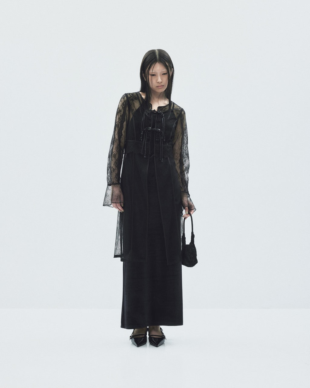 flower lace bijou china button long cardigan【Delivery in October 2025】