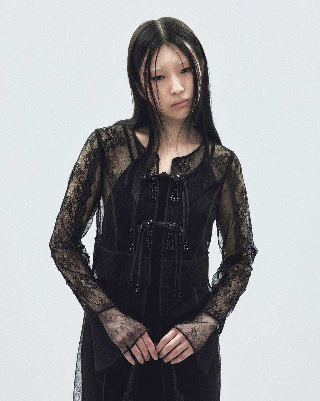 flower lace bijou china button long cardigan【Delivery in October 2025】