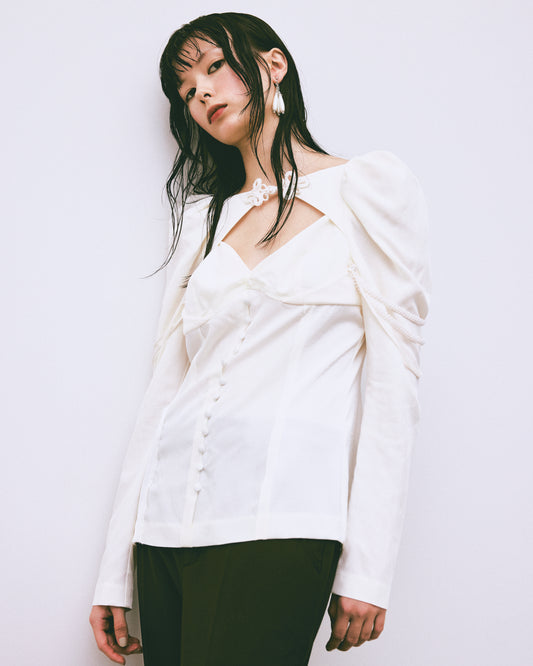 layered bra puff sleeve blouse White【stock】