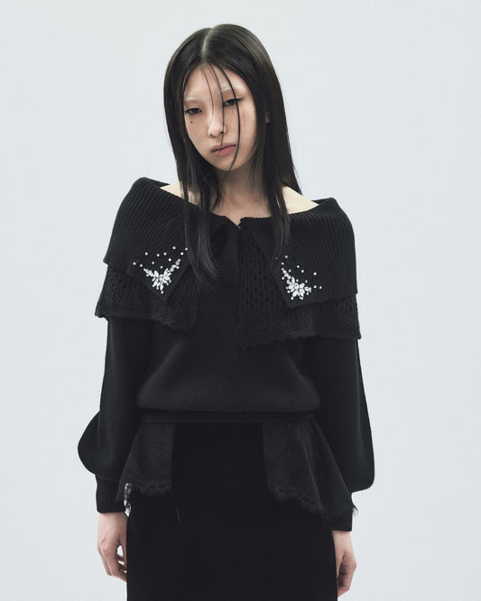 bijou tiara off-shoulder knit Black 【stock】