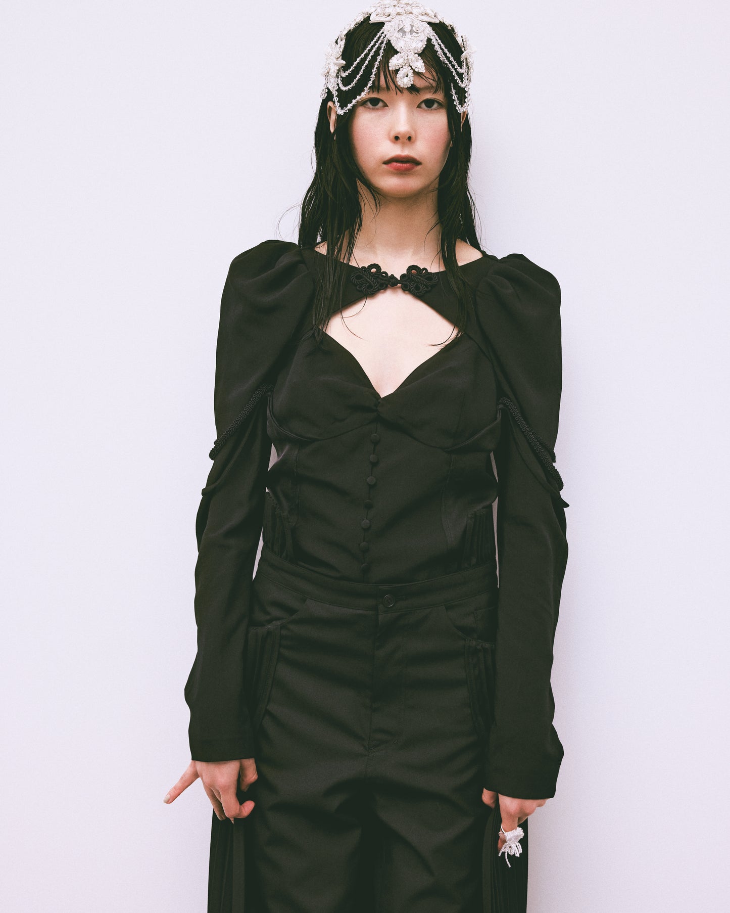 layered bra puff sleeve blouse Black【Delivery in July 2025】