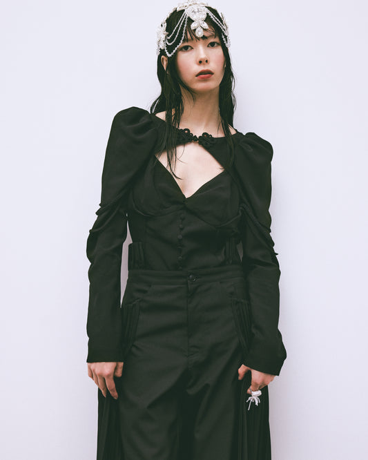 layered bra puff sleeve blouse Black【Delivery in July 2025】