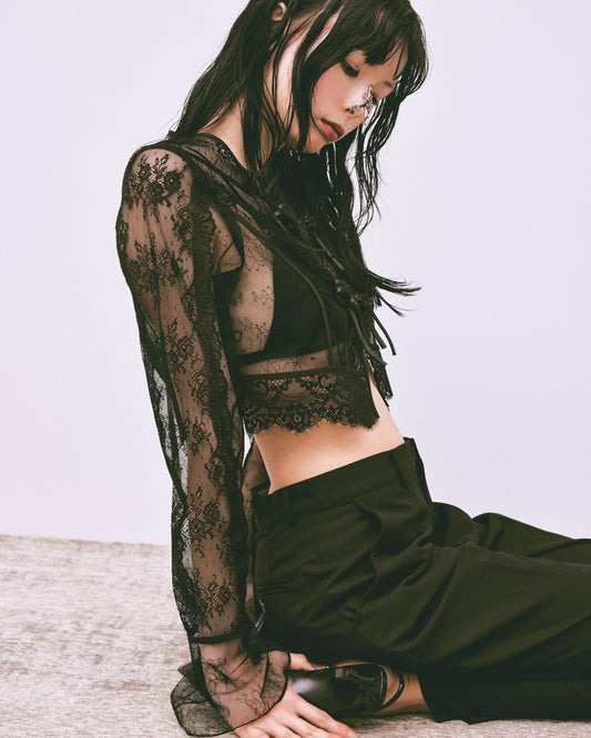 flower lace short cardigan Black【Stock】