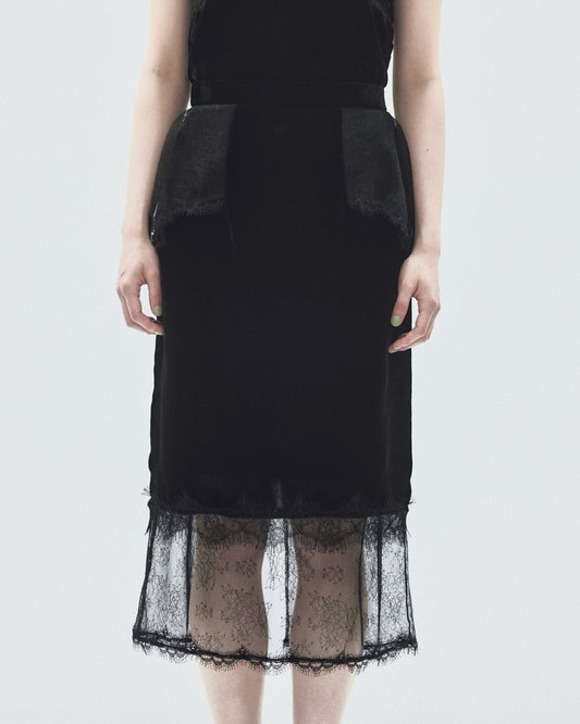 flower lace black velour skirt【stock】
