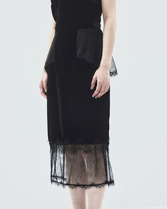 flower lace black velour skirt【stock】