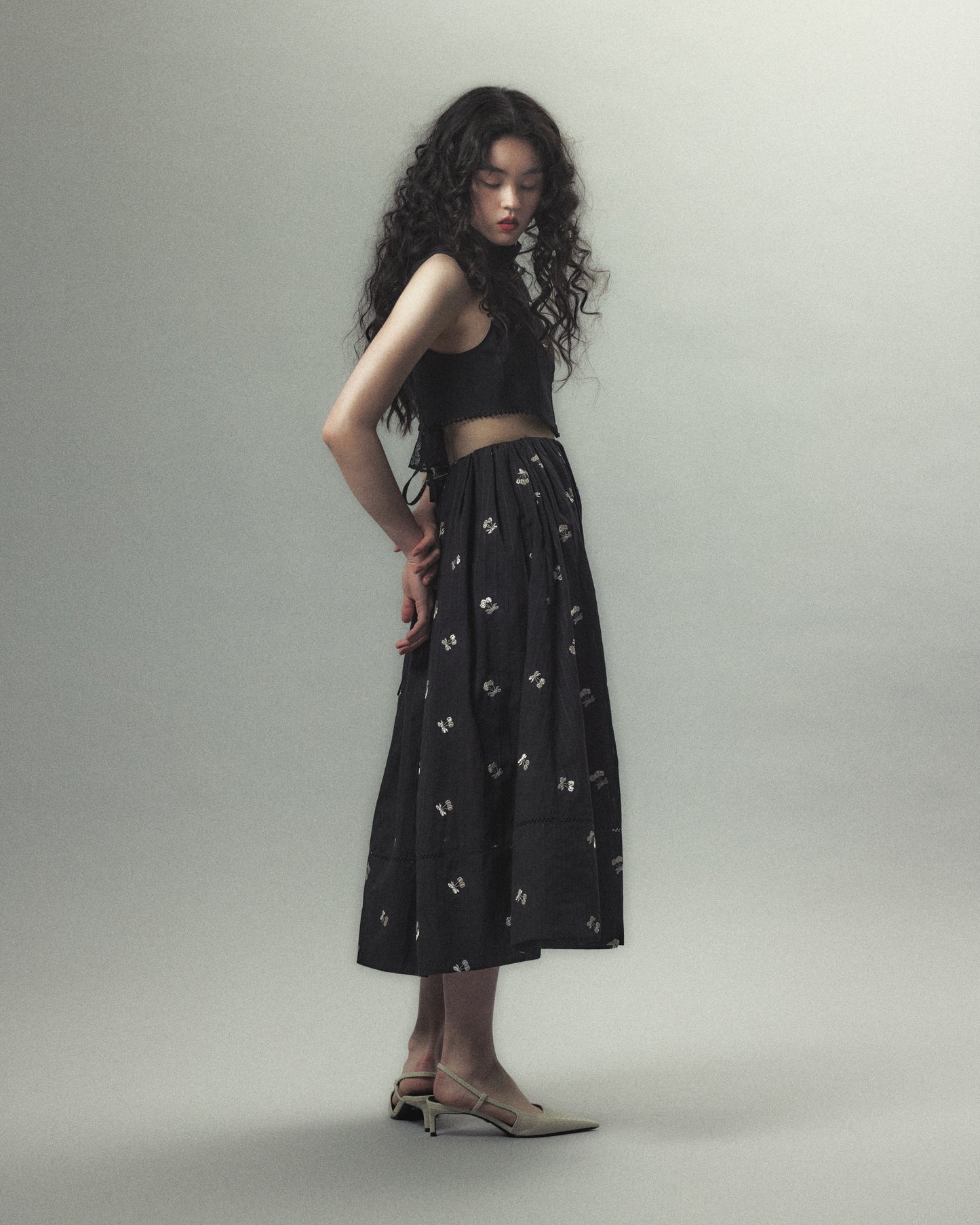 cherry embroidery long skirt Black【Delivery in September 2026】