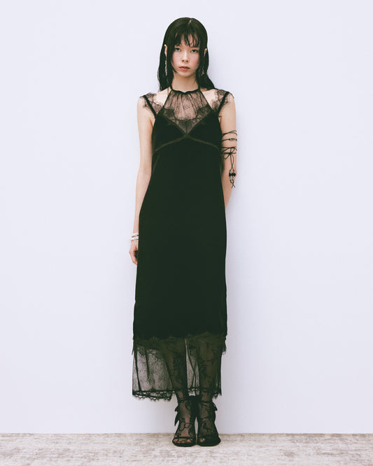 flower lace black velour camisole dress【stock】
