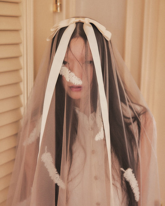 feather beads tulle veil【Delivery in March 2026】