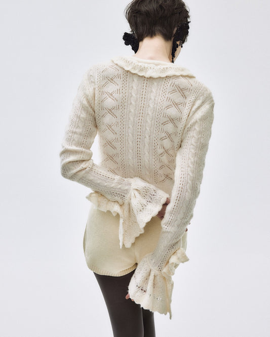 ribbon pattern frilled sleeve knit cardigan Ivory 【stock】